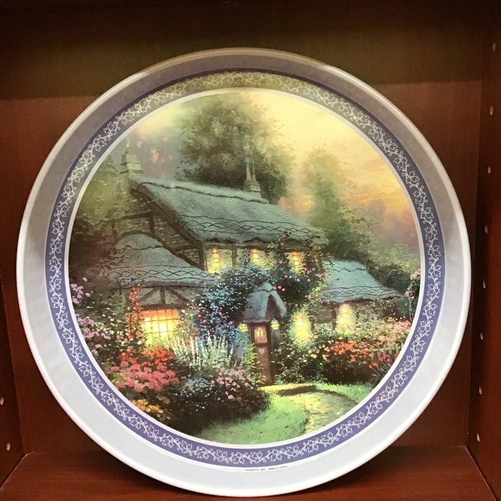 Thomas Kinkade 1992 Tin Serving‎ Tray Cottage Garden Scene Blue Floral Border - Picture 9 of 9